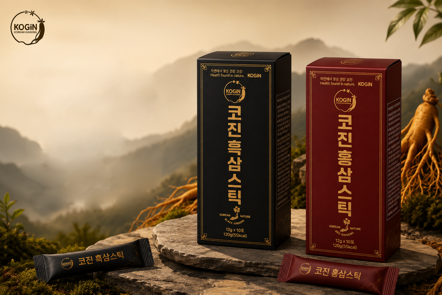 산 배경에 놓인 코진 흑삼스틱과 홍삼스틱 제품 패키지