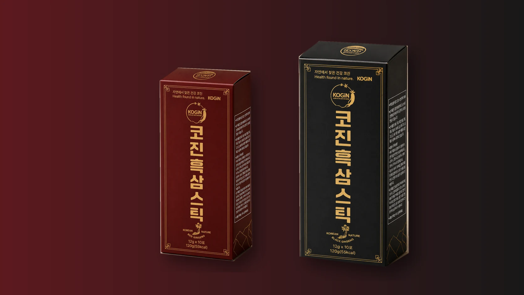 코진 레드와 블랙 상자를 서로 다른 크기와 위치로 배치한 제품 선택 장면