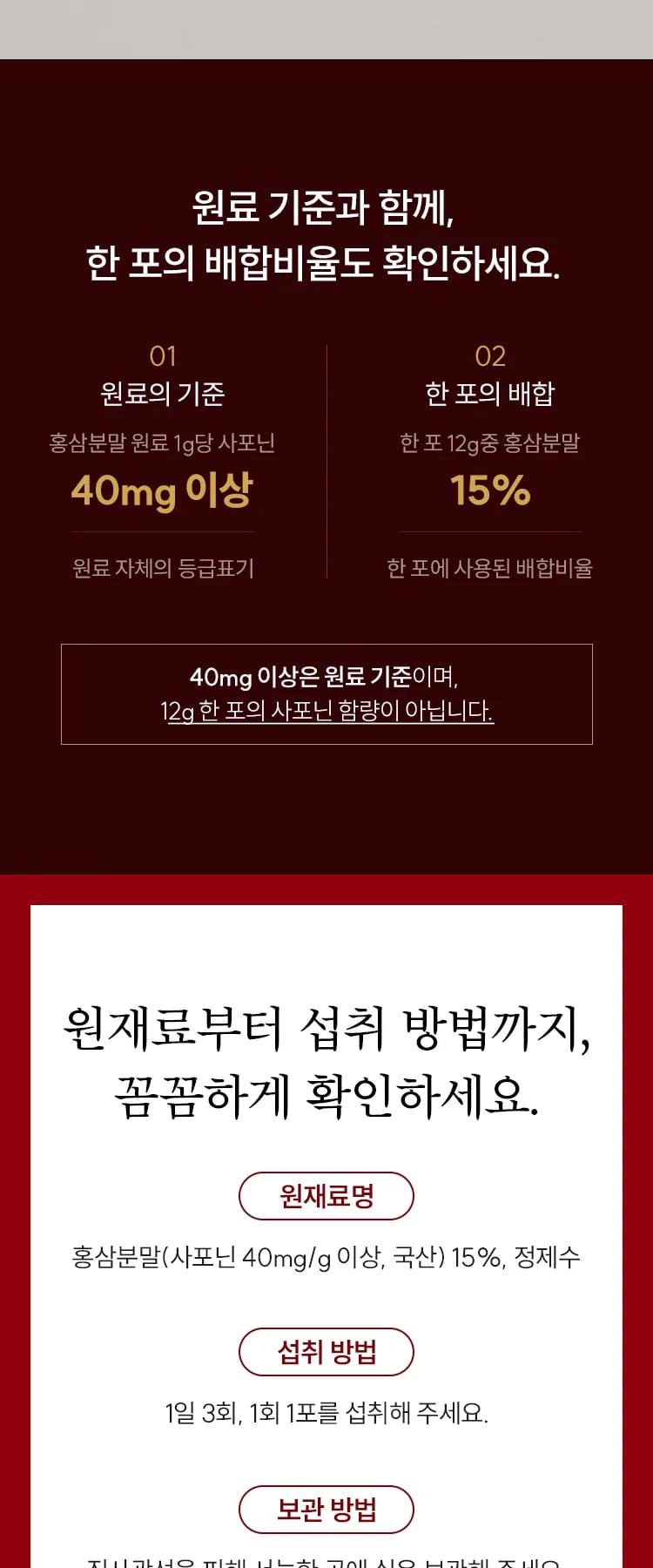 원료 기준 40mg/g 이상과 한 포 12g 중 홍삼분말 15% 배합을 나란히 놓은 비교표, 원재료명·섭취 방법·보관 방법 안내